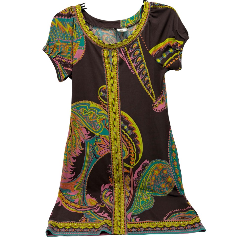 ECI New York Paisley Sequin Embellished Shift Dress Brown Pink Teal Women 2
